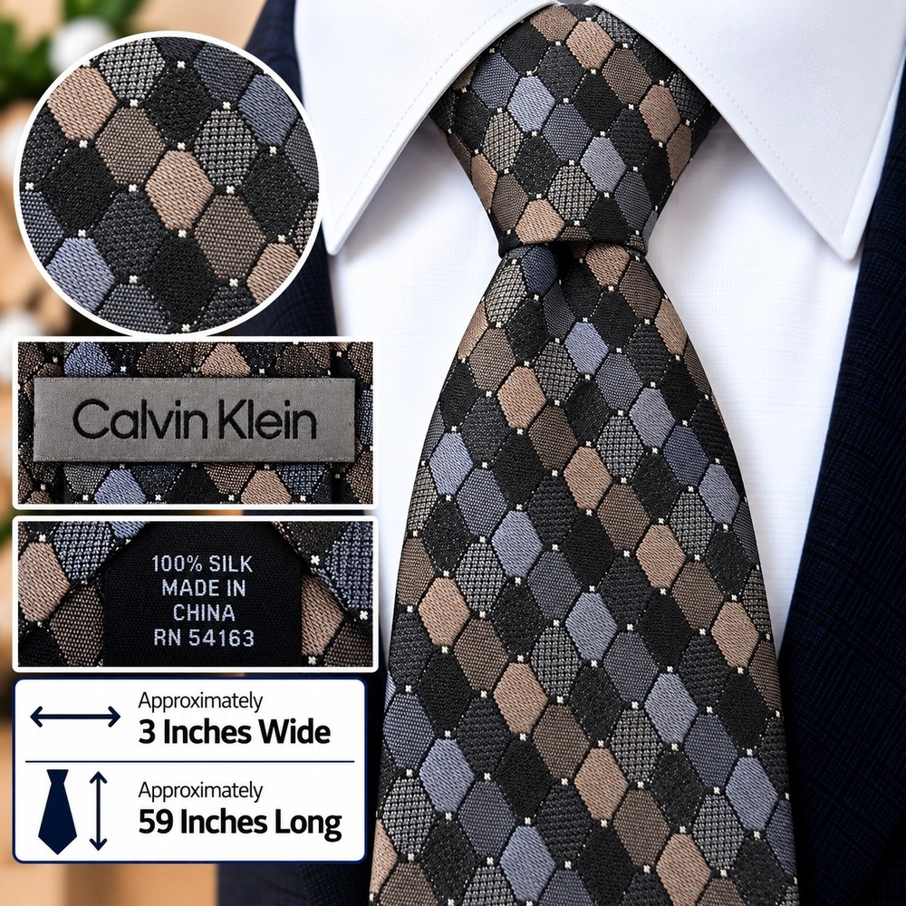 Calvin Klein Mens Silk Necktie Black Grey Blue Geometric Diamond Pattern 3x59